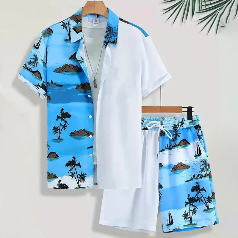 Stylish Lapel Button-Down Shirt Shorts Set Summer Men's Short-Sleeved Shirt Drawstring Shorts 2-Piece 3D Leaf Print Travel Suit