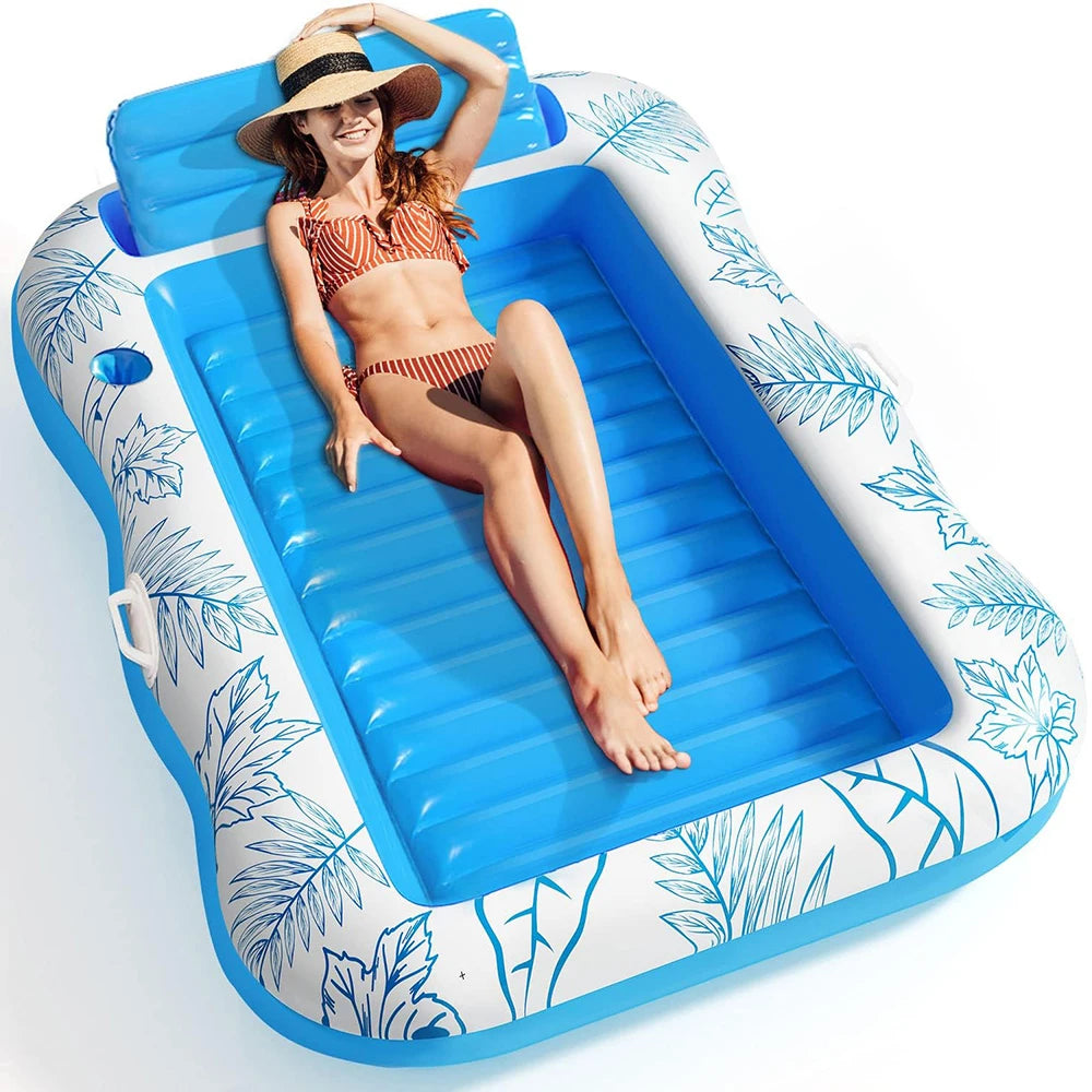 Inflatable Tanning Swimming Pool Lounge Chair, Large Beach Daylight Bath Floating Raft Daylight Bath Lounge Floating Bathtub with Drink Holder - Water Floating Swimming Mattress