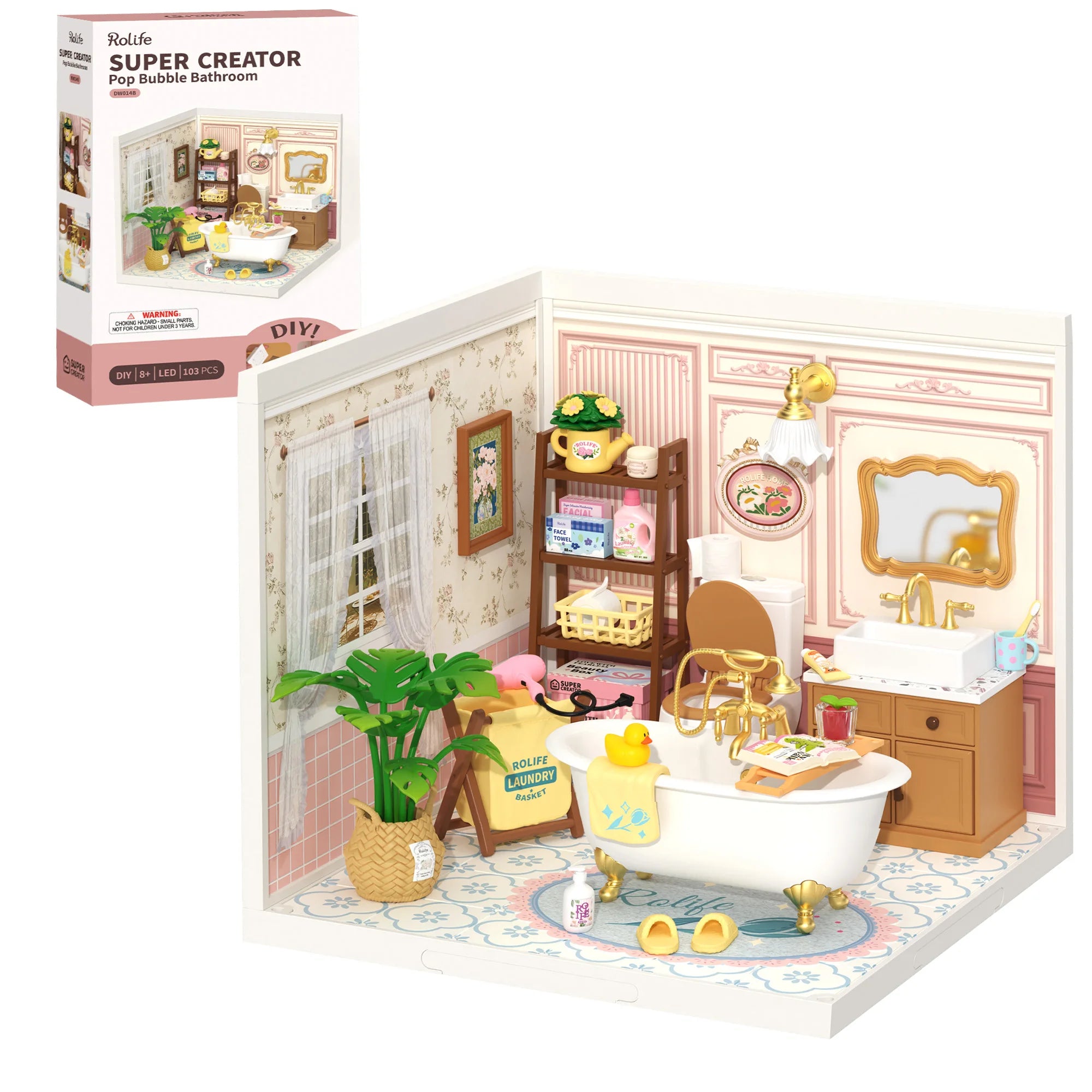 Rolife DIY Miniature House Kit Pop Bubble Bathroom Super Creator Dollhouse 3D Puzzle Model Building Kit with LED for Desk Decor