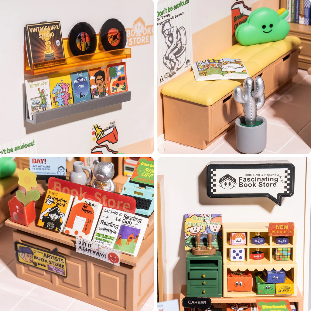 Rolife DIY Miniature House Kit Fascinating Book Store Super Creator Dollhouse 3D Puzzle Model Building Kit with LED Home Decor