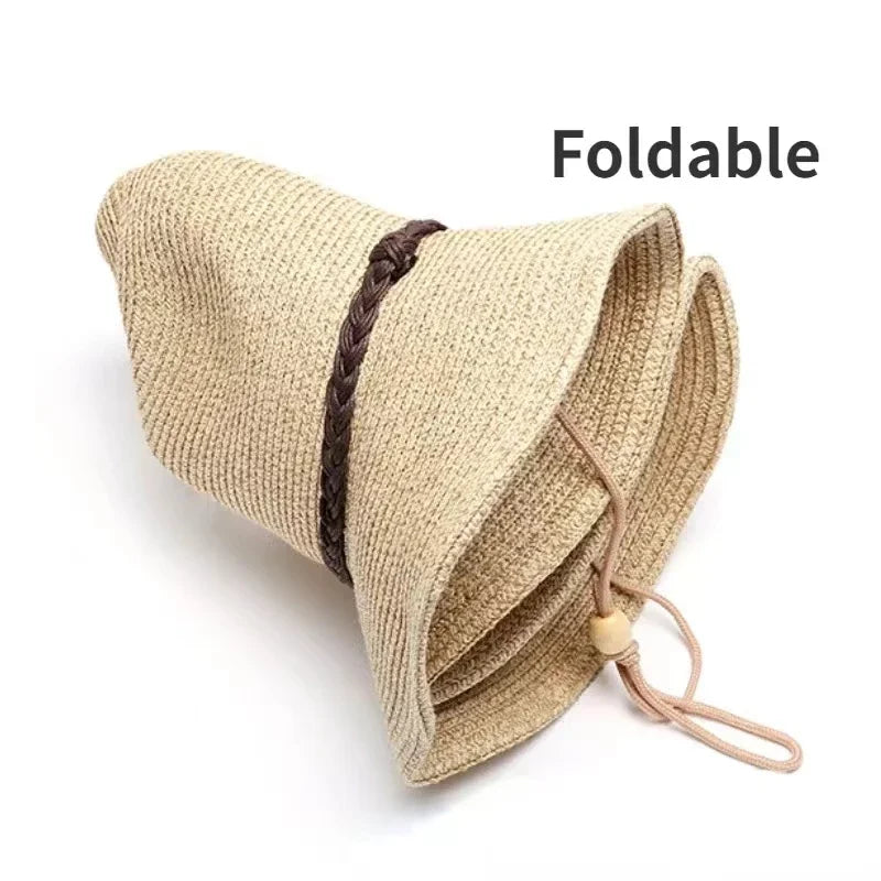 New XL Big Size 62cm Panama Jazz Straw Hat for Women Men Dig Out Summer Beach Sun Hat Windproof Folding Rope UV Protection Hat