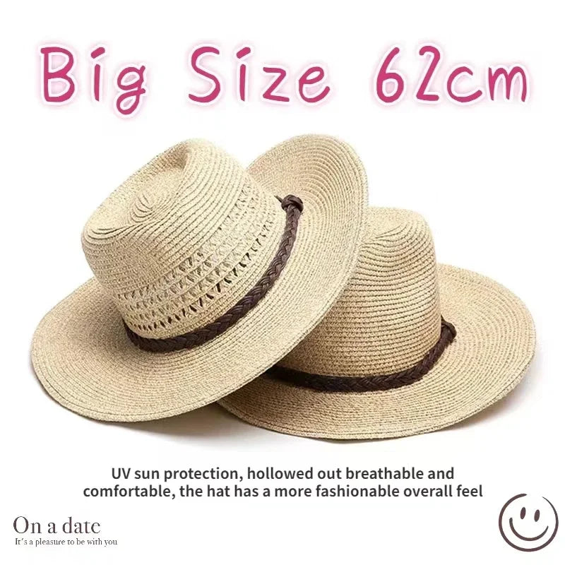 New XL Big Size 62cm Panama Jazz Straw Hat for Women Men Dig Out Summer Beach Sun Hat Windproof Folding Rope UV Protection Hat