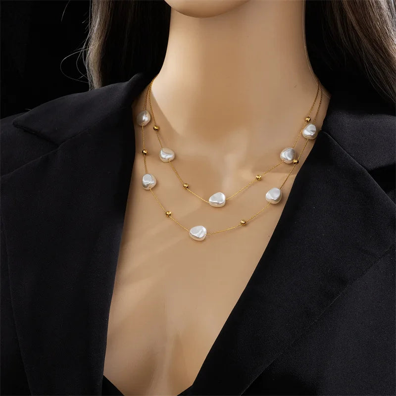 316L Stainless Steel 2in1 Large Pearl Pendant Necklace for Women New Trend Girls Neck Jewelry Chain Party Wedding Gift