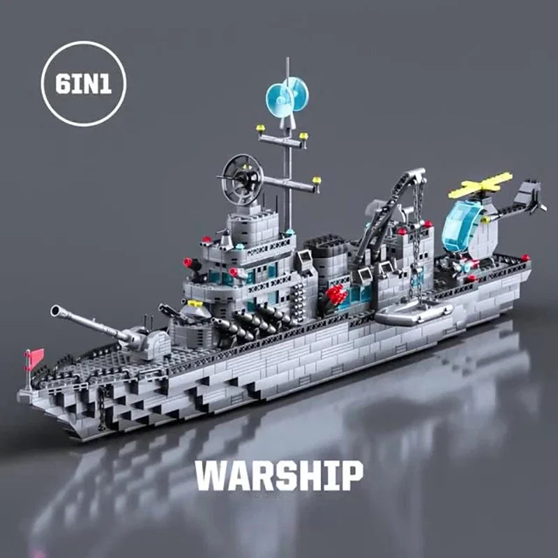1560pcs 6 IN 1 Military Navy Ship Sets Building Blocks War Army Boat Plane Model Toys for Boys Bricks Toys Christmas Gifts