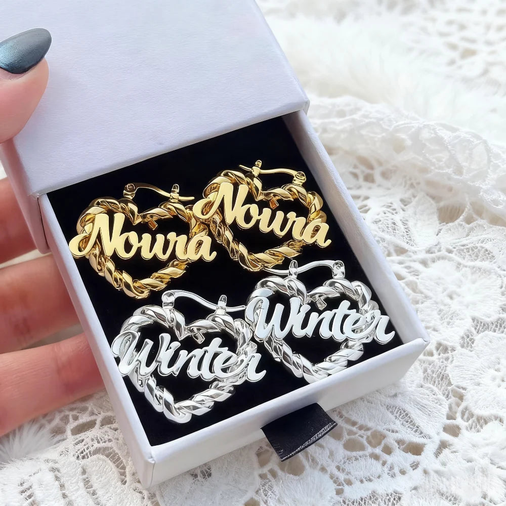 DUOYING Custom Name Twist Hoop Earrings Heart Personalised Nameplate Stainless Steel Jewelry