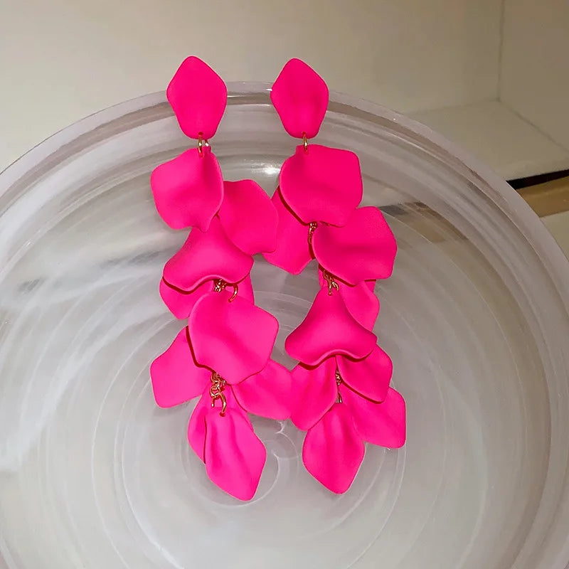 Bohemian Rose Petal Earrings Flower Red Yellow Blue Colors Flower Drop Earrings Long Tassel Earrings Party Wedding Jewelry