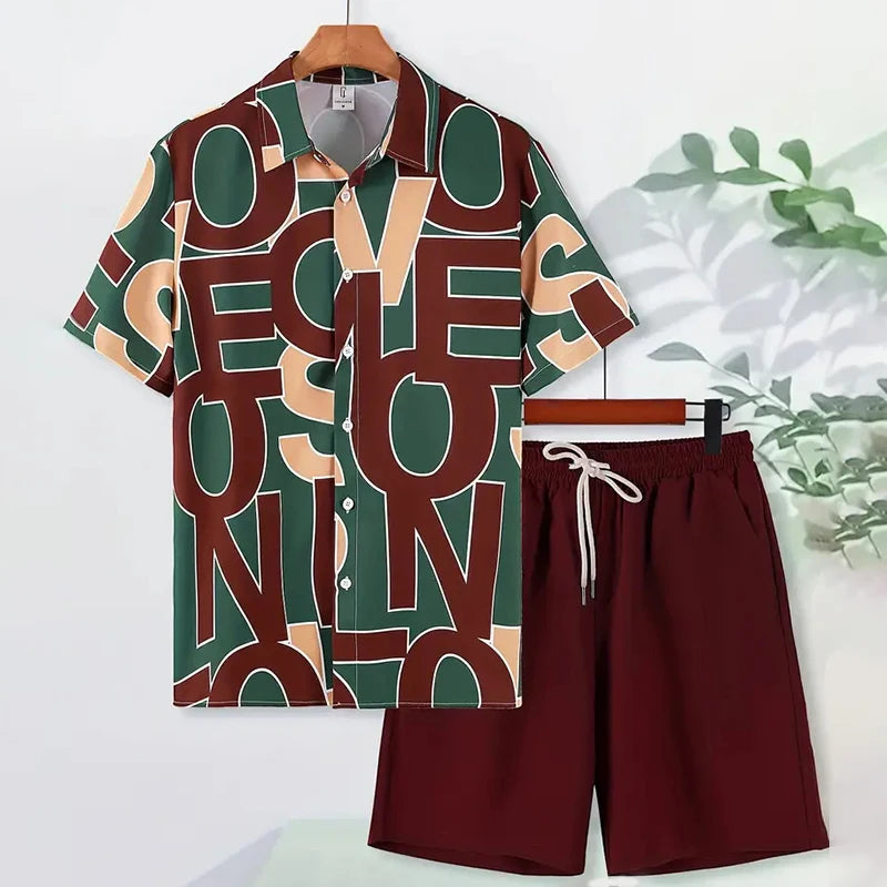 Men's Hawaiian Beach Vacation Shirt Men's Short Sleeve Shorts Set Textured Printed Men's 2-Piece Casual Ventilated Men's Set