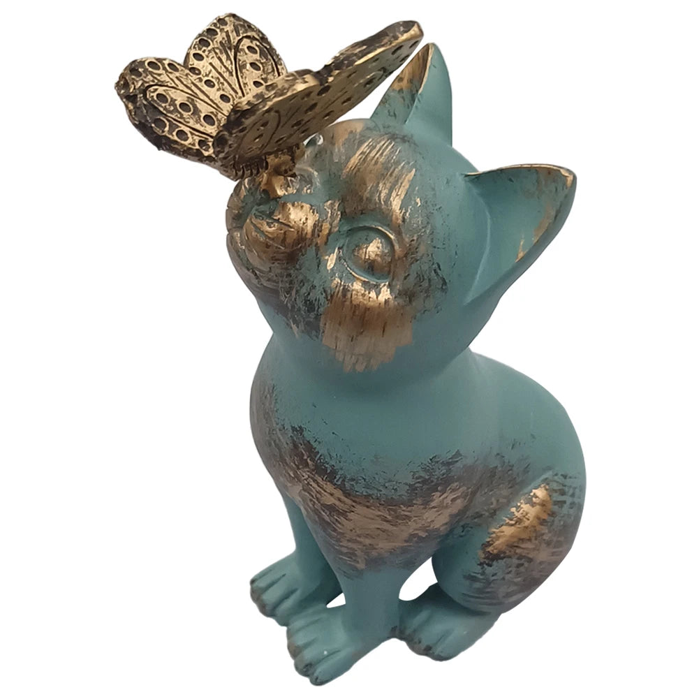 Resin Kitten Statue with Butterfly Ornament Cat Animal Sculpture Handicraft Waterproof Home Decor for Courtyard Lawn