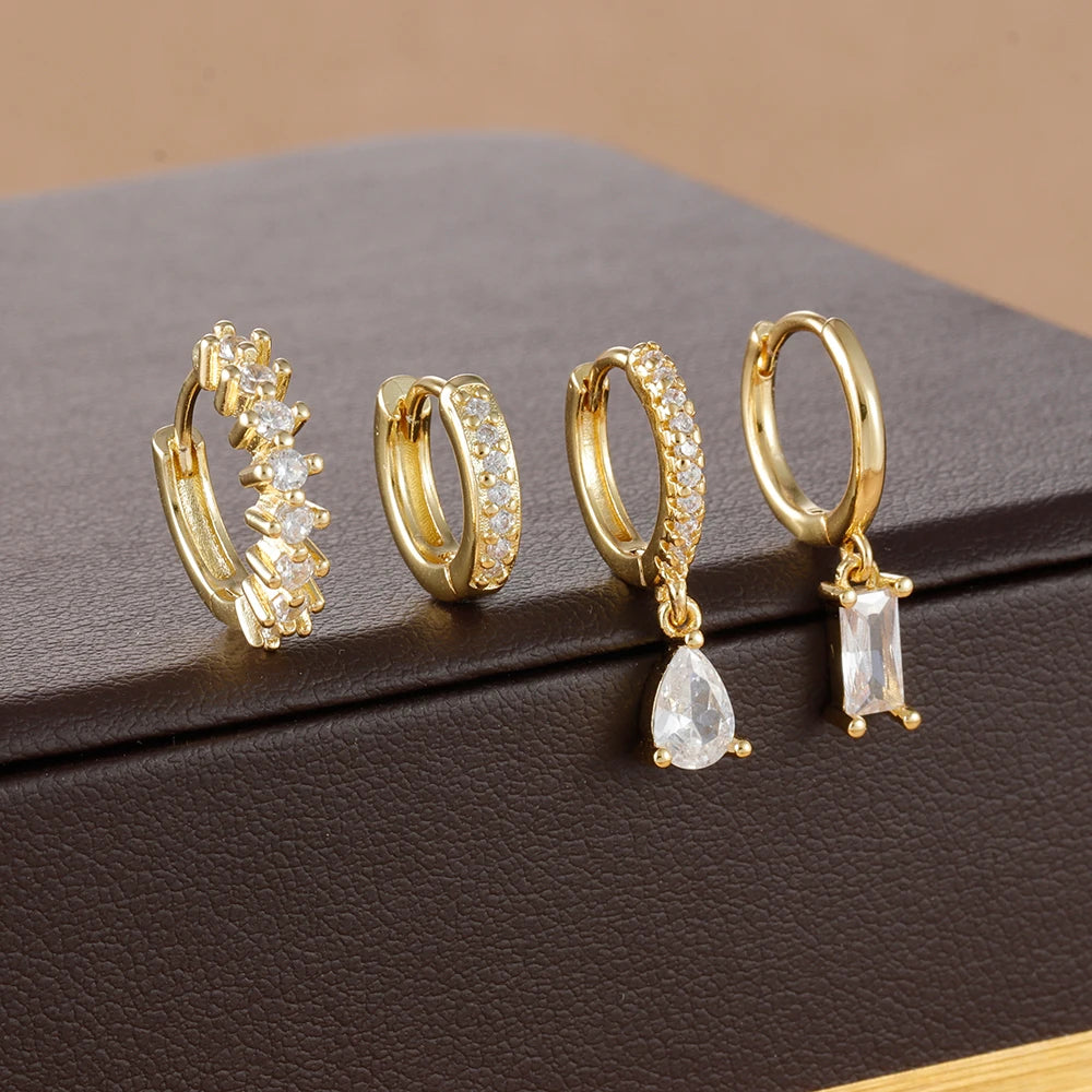 4pcs Korean Stainless Steel Zircon Water Drop Piercing Earrings Set for Women Simple Huggie Square Earring Fashion Jewelry