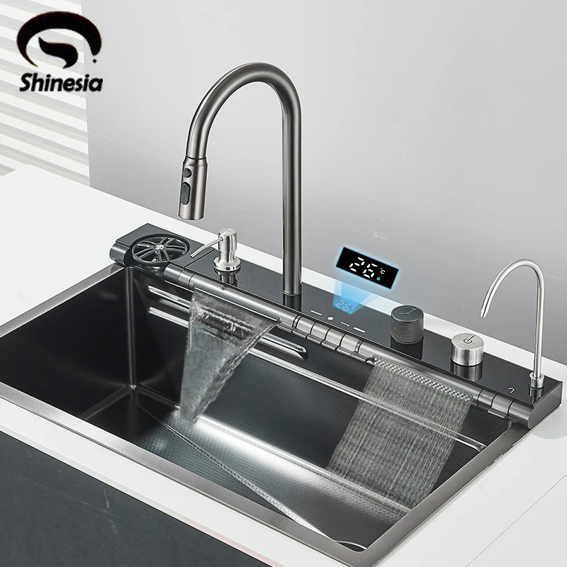Shinesia Stainless Steel Kitchen Waterfall Sink Digital Display Large Single Sink Dish Basin Sink With Multifunction