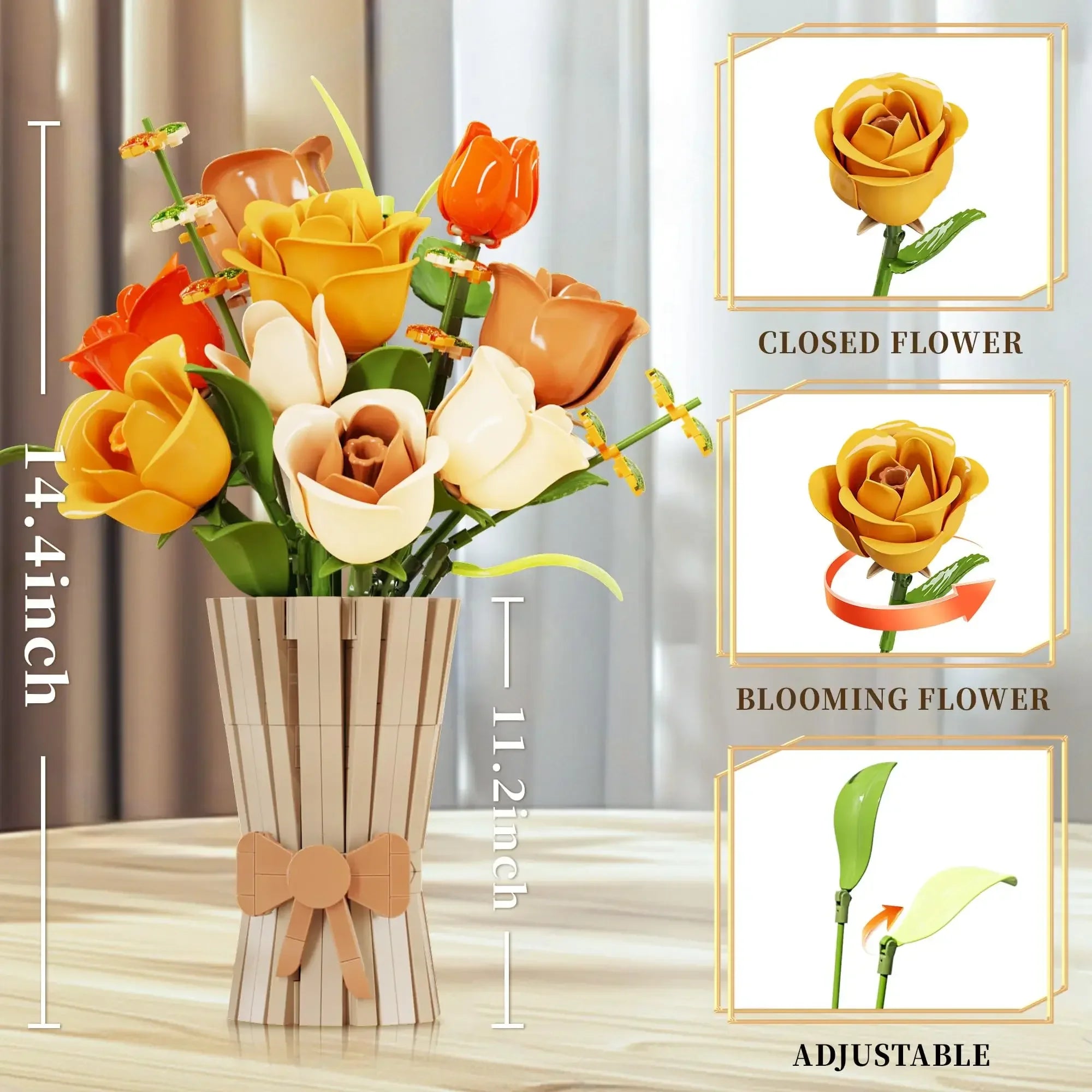 868PCS Rose Bouquet Building Blocks Eternal Flower Vase Bricks Home Decor Romantic Valentine's Day Gifts Girls Kids DIY Toys