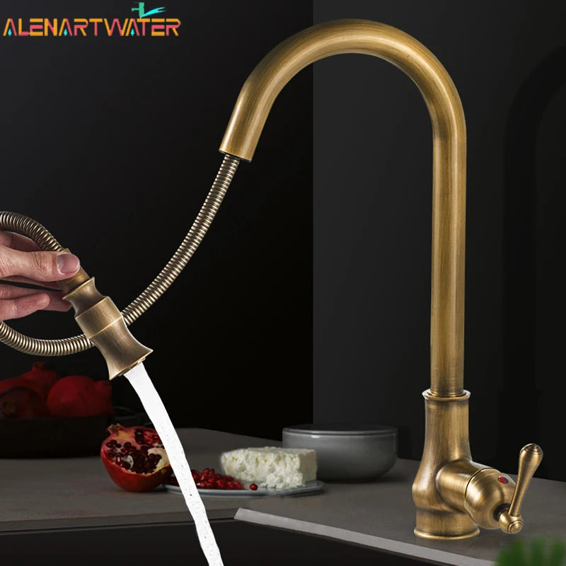 Antique Kitchen Faucet Pull Out Spray Kitchen Sink Single Handle Deck Mount Water Crane 360° Rotation Hot Cold Water Mixer Tap
