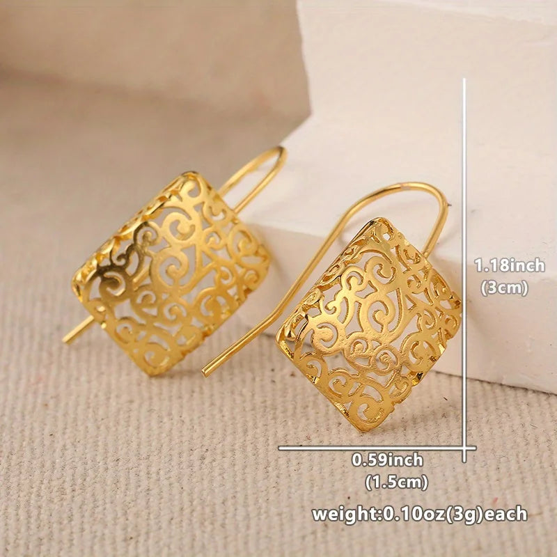 Classic Retro Hollow Pattern Square Earrings, Casual Accessories for Women's Daily Gatherings, Ethnic Style Earrings