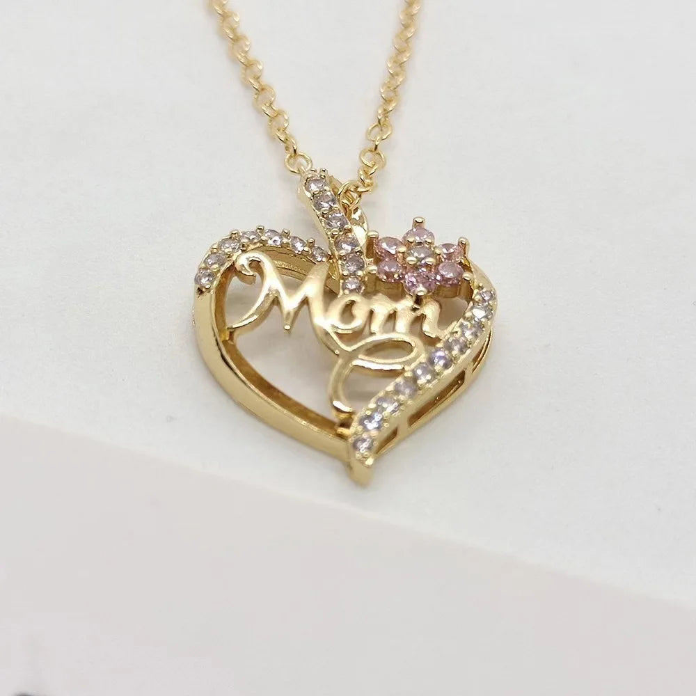 Mom Heart Pendant Necklace | Rhinestone & Pink Flower Jewelry | Mother's Day Gift for Her