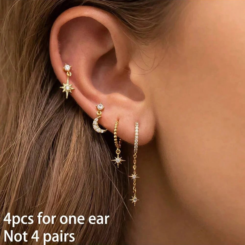 4pcs Korean Stainless Steel Zircon Water Drop Piercing Earrings Set for Women Simple Huggie Square Earring Fashion Jewelry