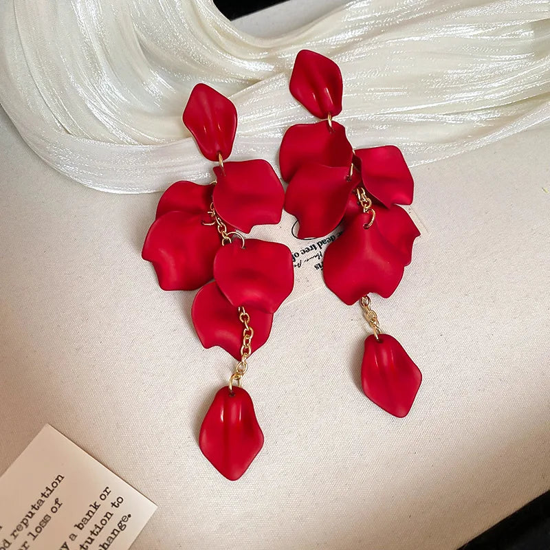 Bohemian Rose Petal Earrings Flower Red Yellow Blue Colors Flower Drop Earrings Long Tassel Earrings Party Wedding Jewelry