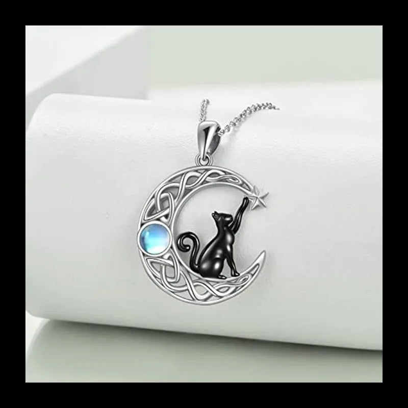Korean Version of Creative Fashion Star Moon Black Cat Necklace Women's Simple and Versatile Hot Sale Exquisite Moonston