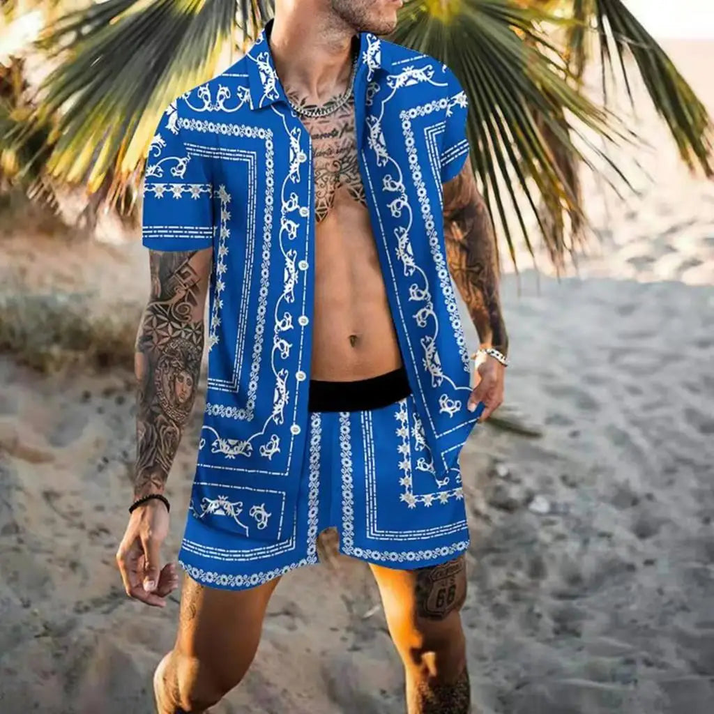 Summer Exquisite Men's Shirt Set Coconut Print Short Sleeve Top Leopard Print Shorts 2 Piece Hawaii Beach Men's Fashion Clothing