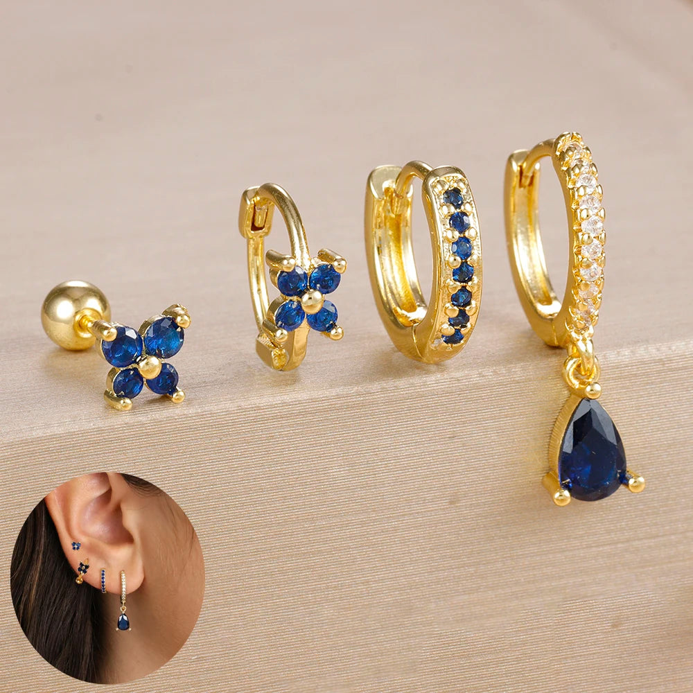 4pcs Korean Stainless Steel Zircon Water Drop Piercing Earrings Set for Women Simple Huggie Square Earring Fashion Jewelry