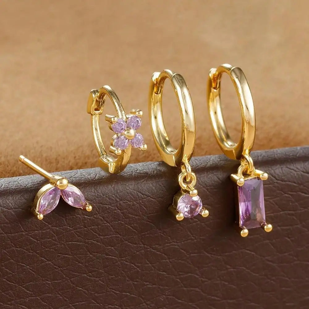4pcs Fashion Cubic Zirconia Flower Hoop Earrings Set 18K Gold Plated Stainless Steel Stud Earring Piercing Jewelry aretes mujer