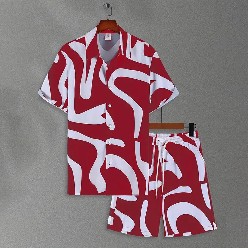Men's Hawaiian Beach Vacation Shirt Men's Short Sleeve Shorts Set Textured Printed Men's 2-Piece Casual Ventilated Men's Set