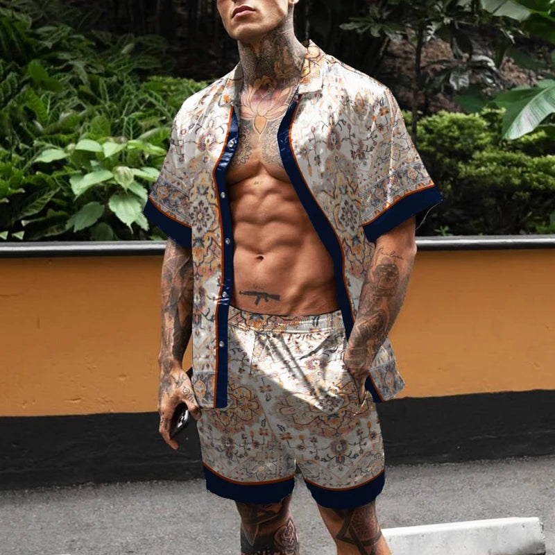 Hawaiian Set Men's Printing Set Short Sleeve Summer Casual Floral Shirt Beach Two Piece Suit Button New Fashion Men's Sets ﻿