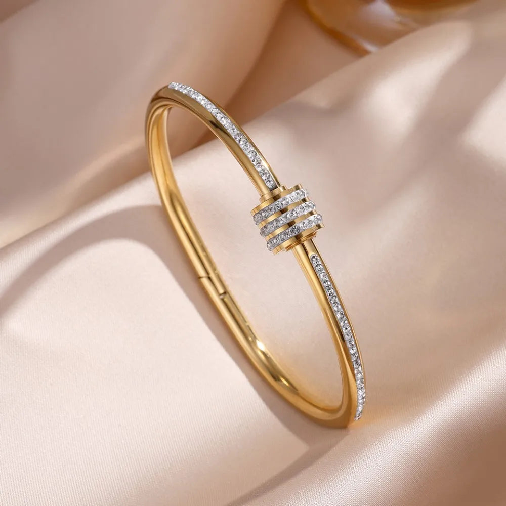 Titanium Steel Stacked Bracelet Couple's Shiny Zircon Inlaid Stainless Steel Bangles Gold Color Female Jewelry Gift