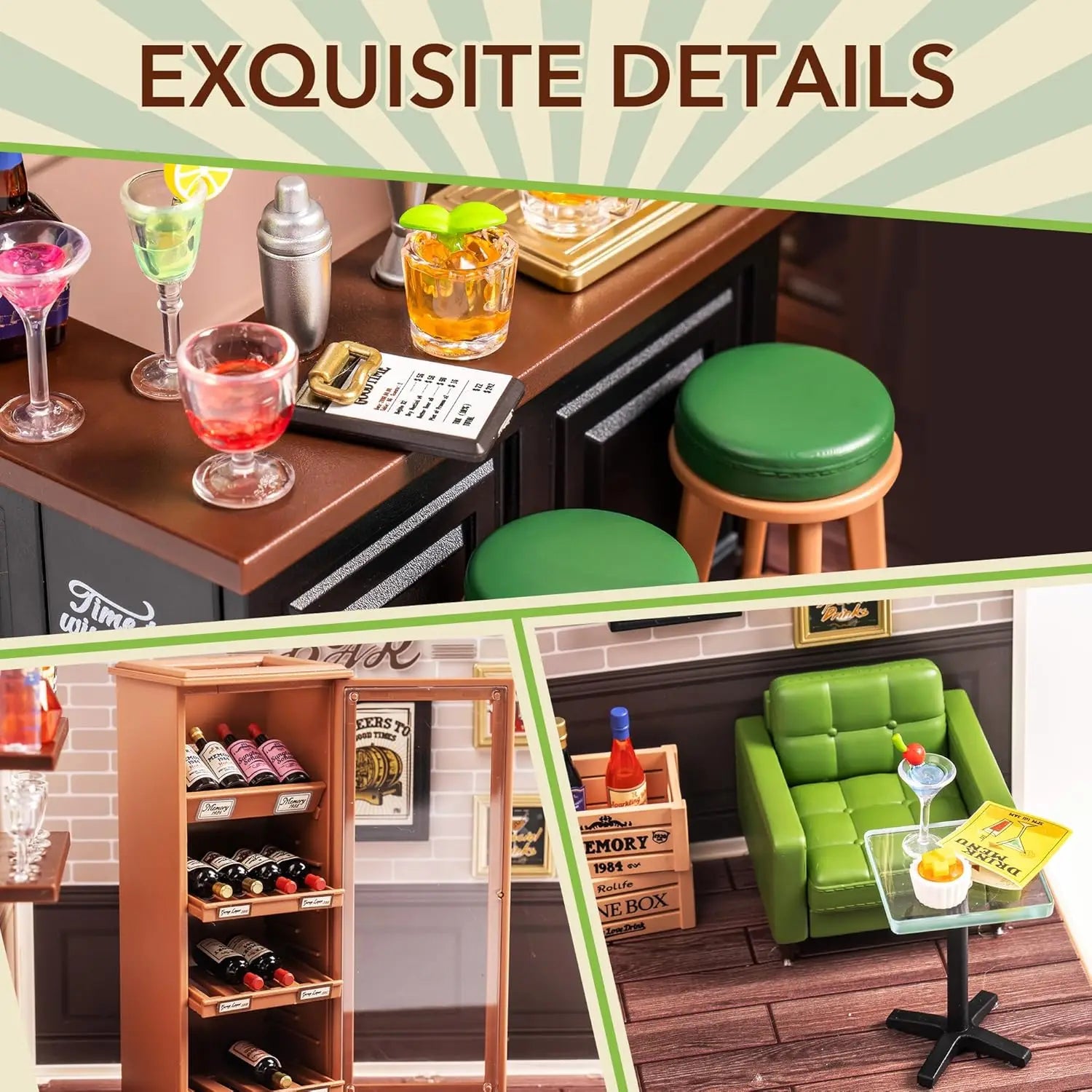 Rolife DIY Miniature House Kit Leisurely Cheers Bar Super Creator Dollhouse 3D Puzzle Model Building Kit with LED for Desk Decor