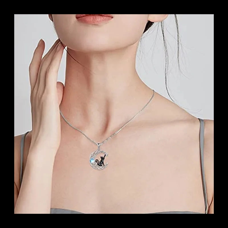 Korean Version of Creative Fashion Star Moon Black Cat Necklace Women's Simple and Versatile Hot Sale Exquisite Moonston