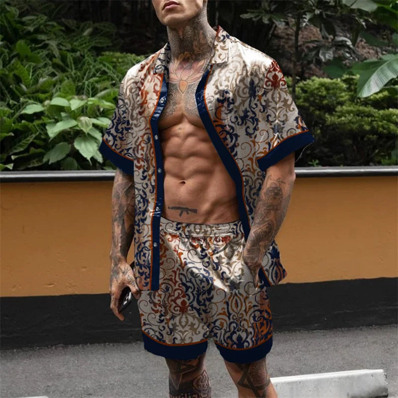 Hawaiian Set Men's Printing Set Short Sleeve Summer Casual Floral Shirt Beach Two Piece Suit Button New Fashion Men's Sets ﻿
