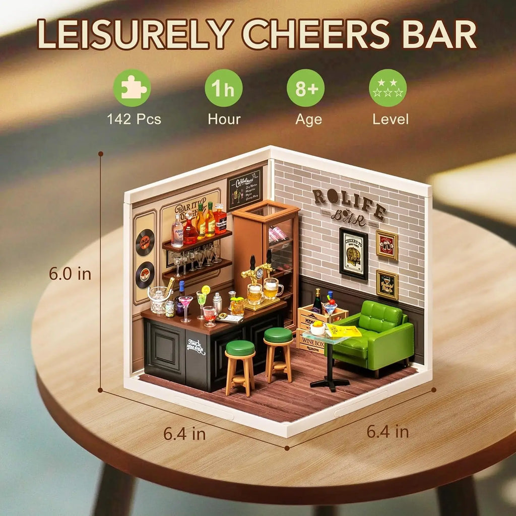 Rolife DIY Miniature House Kit Leisurely Cheers Bar Super Creator Dollhouse 3D Puzzle Model Building Kit with LED for Desk Decor