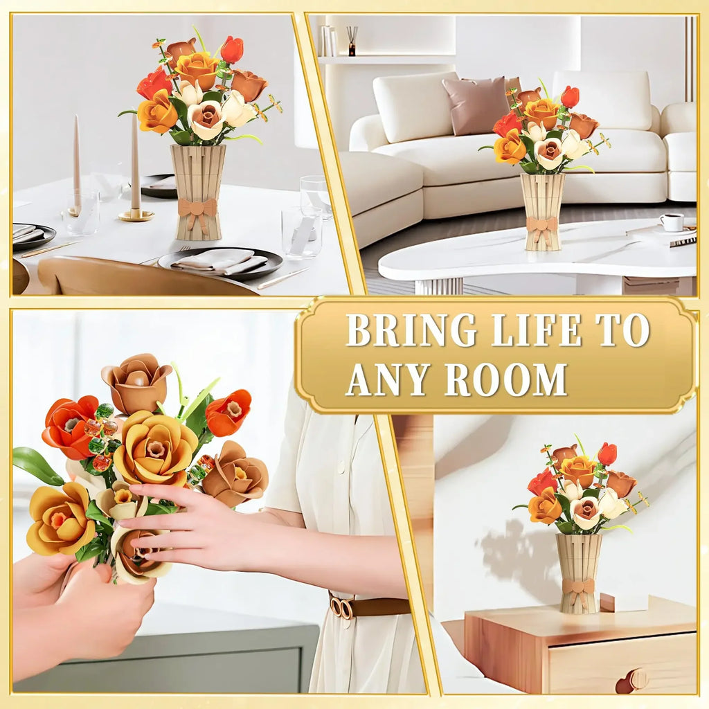 868PCS Rose Bouquet Building Blocks Eternal Flower Vase Bricks Home Decor Romantic Valentine's Day Gifts Girls Kids DIY Toys