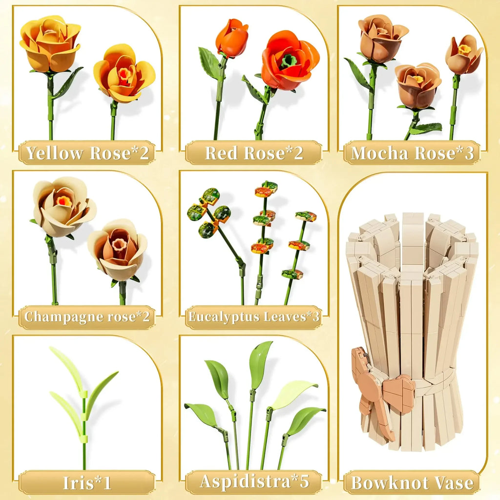 868PCS Rose Bouquet Building Blocks Eternal Flower Vase Bricks Home Decor Romantic Valentine's Day Gifts Girls Kids DIY Toys