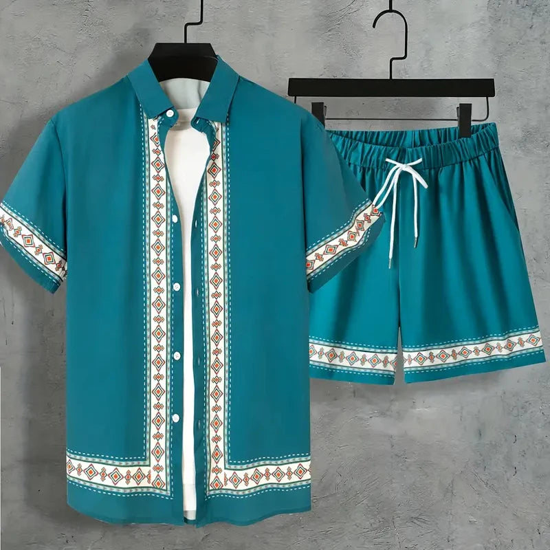 2024 New Men's Summer Holiday Suit Retro Textured Printed Border Shirt Short Sleeve Shorts Two Piece Men's Breathable Pool Suit
