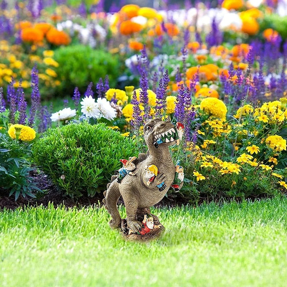 Dinosaur Eating Gnomes Ornaments Handicraft Resin Dinosaur Dwarf Figurine Weatherproof Creative Funny Cute  Outdoor Decor