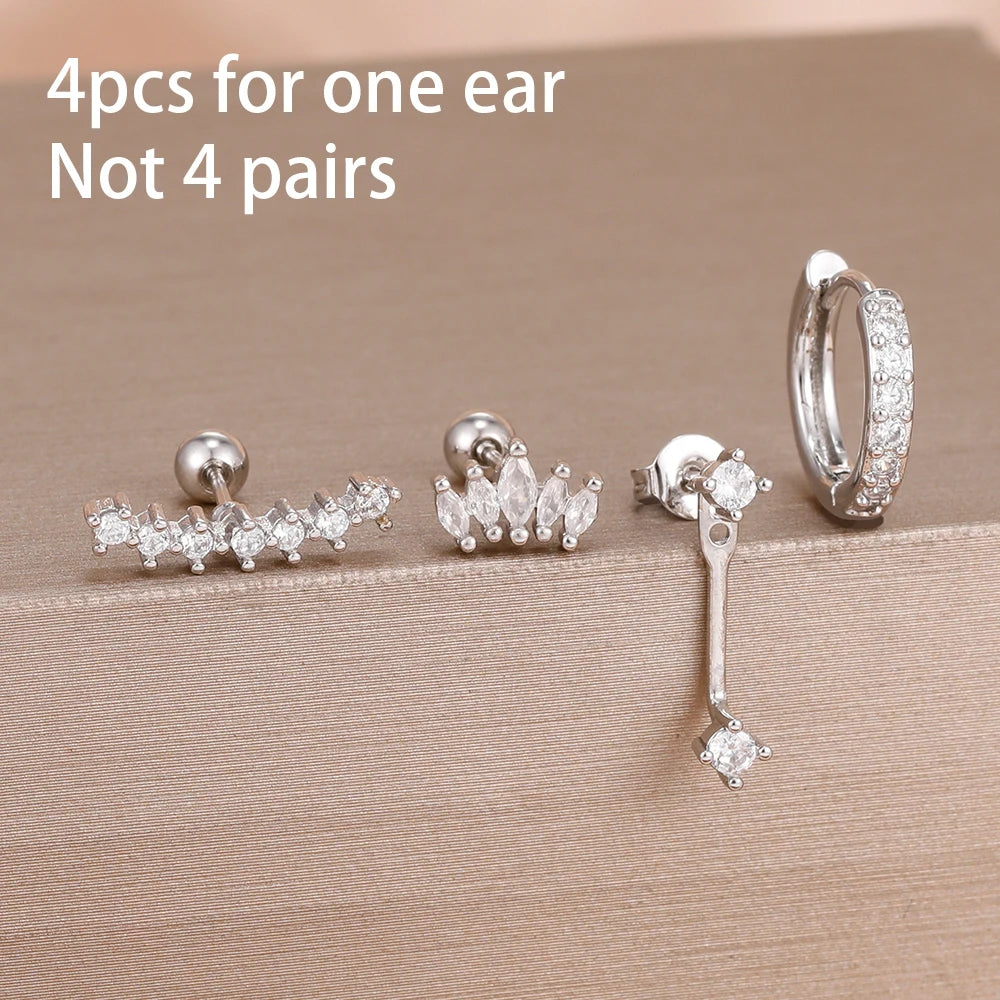 4pcs Korean Stainless Steel Zircon Water Drop Piercing Earrings Set for Women Simple Huggie Square Earring Fashion Jewelry