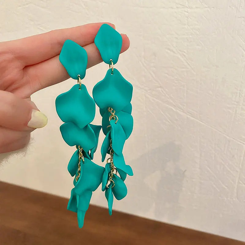 Bohemian Rose Petal Earrings Flower Red Yellow Blue Colors Flower Drop Earrings Long Tassel Earrings Party Wedding Jewelry