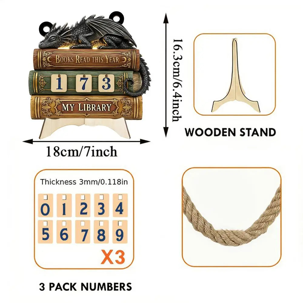 Dragon Embossed Wooden Books Read Counter Tracker Reading Challenge Goal Display Ornament Bookend for Book Lovers Library Decor