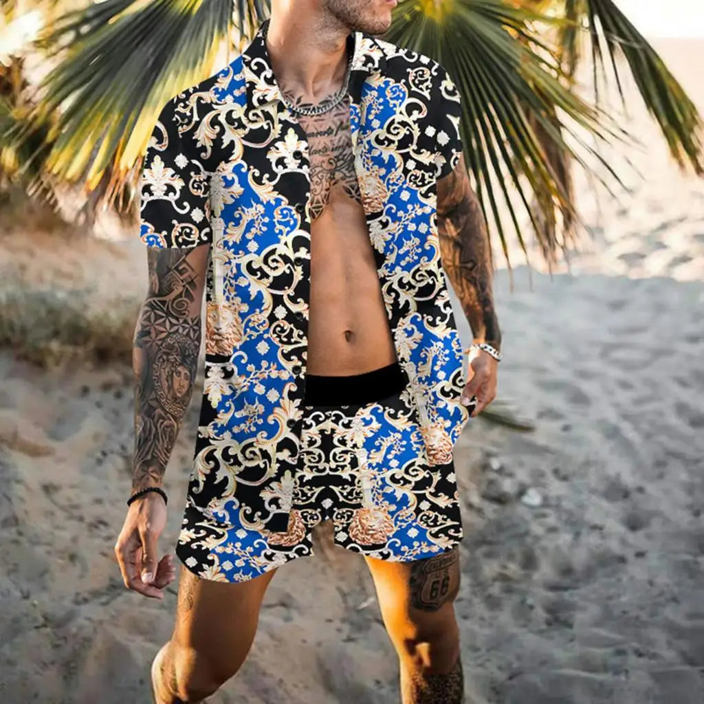 Summer Exquisite Men's Shirt Set Coconut Print Short Sleeve Top Leopard Print Shorts 2 Piece Hawaii Beach Men's Fashion Clothing