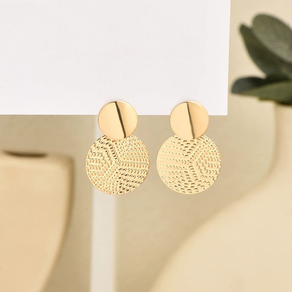 Chic Two Fashion Gold Color Circular Earrings With Intricate Woven Pattern Detailing Personality Simple Metal Dangle Earrings