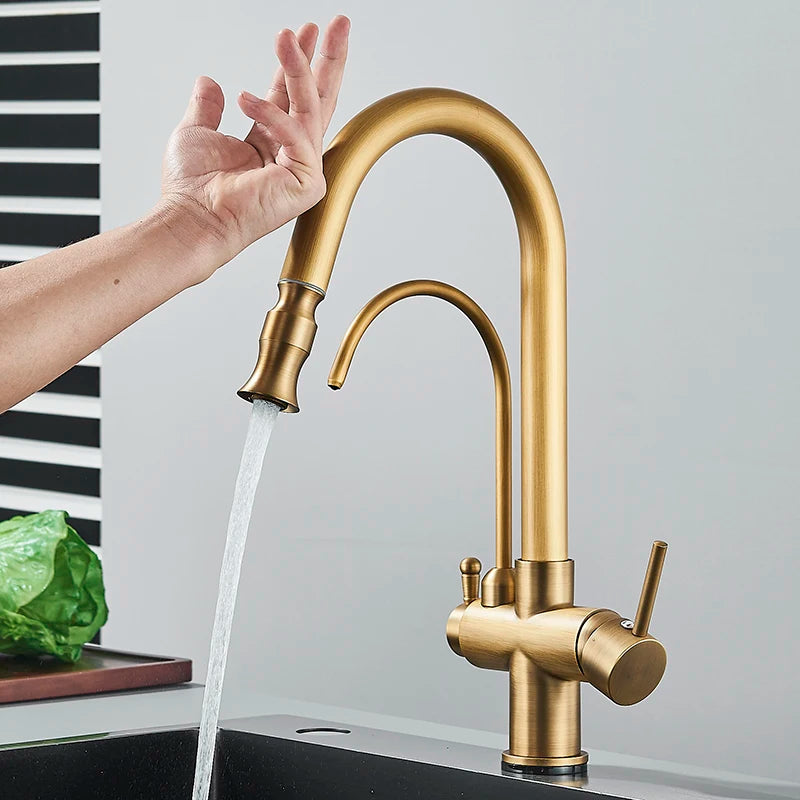 Antique Kitchen Faucet Pull Out Spray Kitchen Sink Single Handle Deck Mount Water Crane 360° Rotation Hot Cold Water Mixer Tap