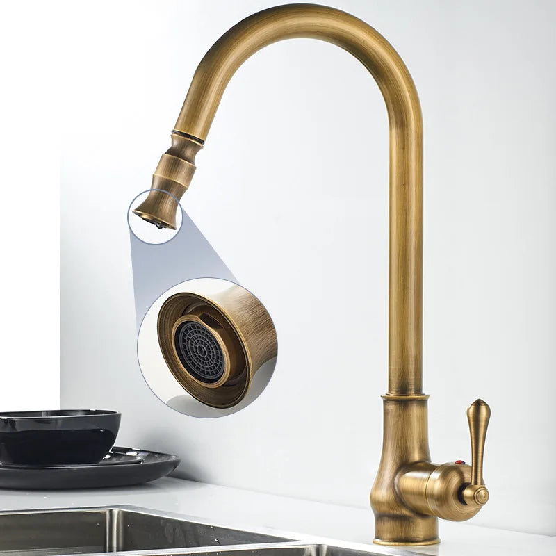 Antique Kitchen Faucet Pull Out Spray Kitchen Sink Single Handle Deck Mount Water Crane 360° Rotation Hot Cold Water Mixer Tap