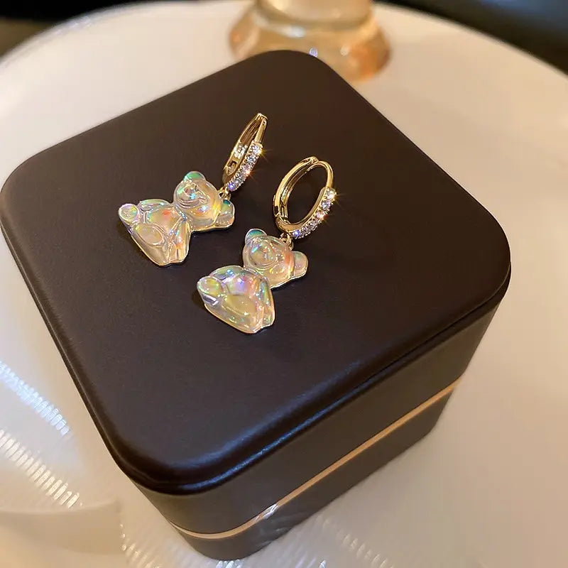 Cute Bear Earrings For Women Shiny Zircon Earrings 2023 New Trendy Golden Copper Drop Earring Party Wedding Jewelry Girls Gifts