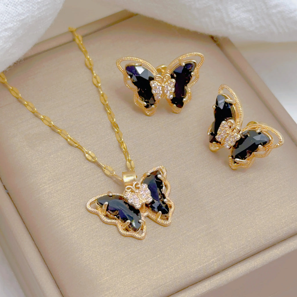 Fashion European and American Cute Micro-inlaid Butterfly Necklace Earrings Set Classic Light Luxury Transparent Stainless Steel