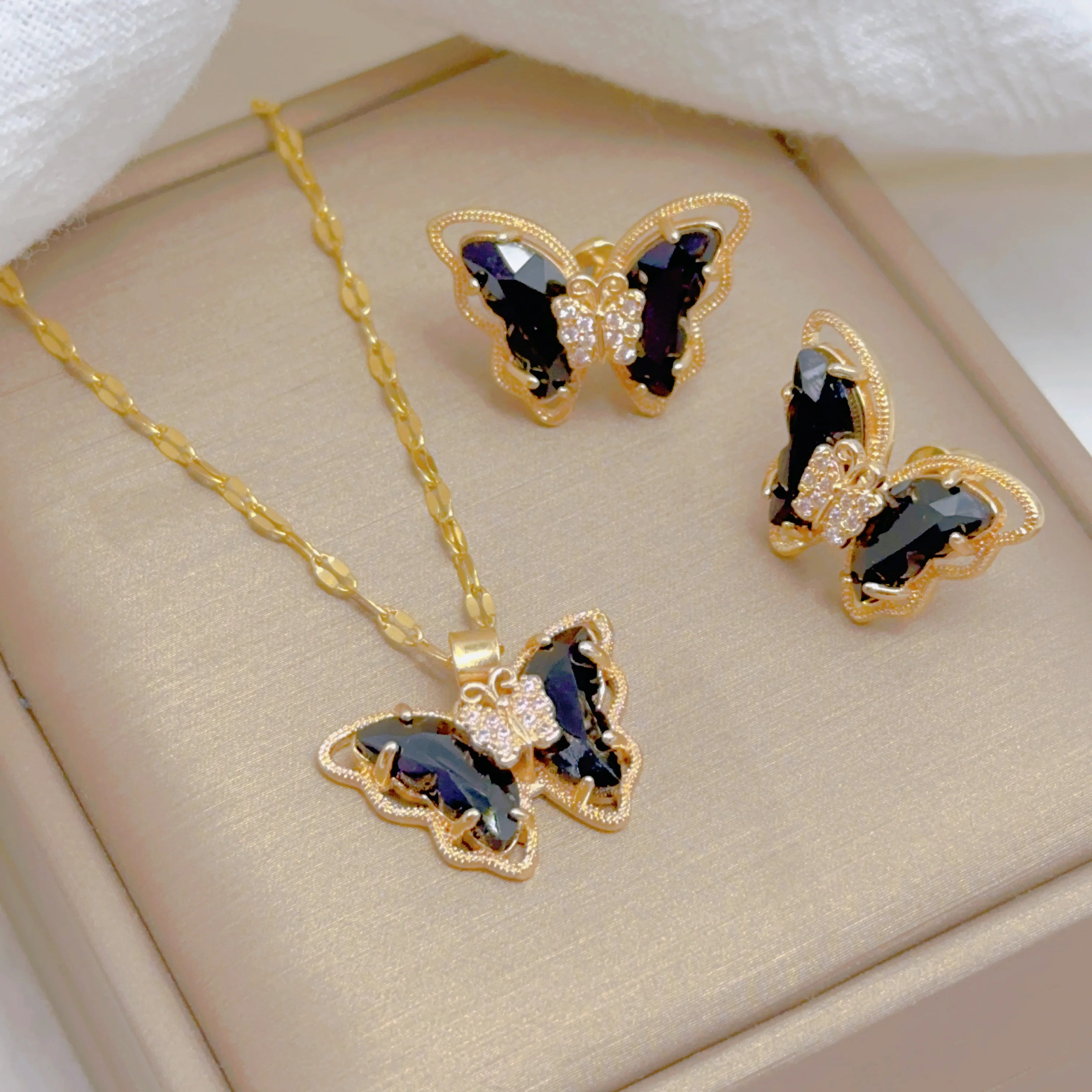 Fashion European and American Cute Micro-inlaid Butterfly Necklace Earrings Set Classic Light Luxury Transparent Stainless Steel