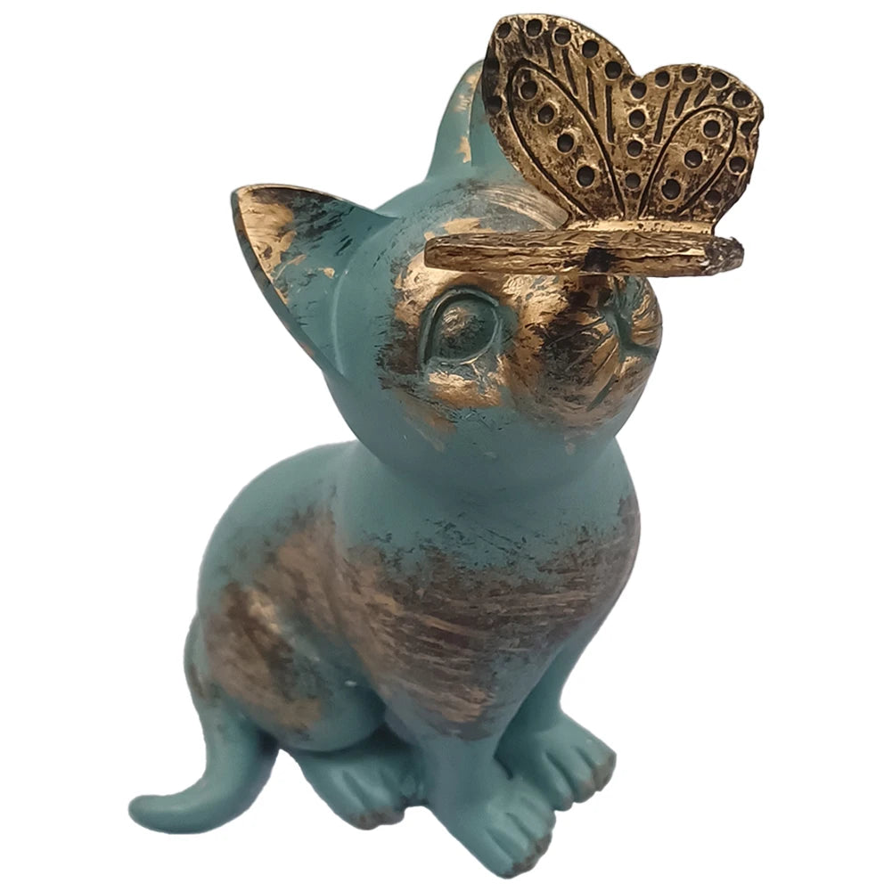 Resin Kitten Statue with Butterfly Ornament Cat Animal Sculpture Handicraft Waterproof Home Decor for Courtyard Lawn