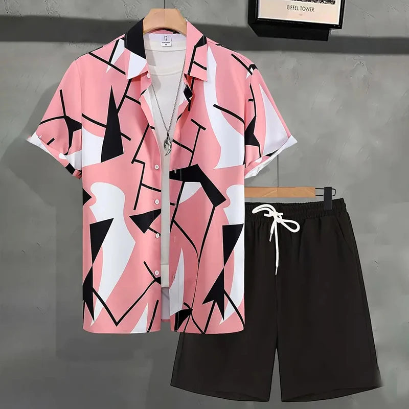 Men's Hawaiian Beach Vacation Shirt Men's Short Sleeve Shorts Set Textured Printed Men's 2-Piece Casual Ventilated Men's Set