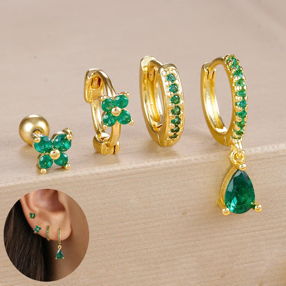 4pcs Korean Stainless Steel Zircon Water Drop Piercing Earrings Set for Women Simple Huggie Square Earring Fashion Jewelry
