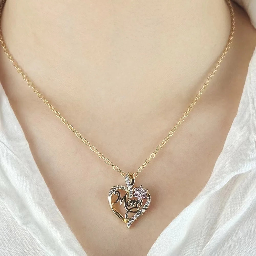 Mom Heart Pendant Necklace | Rhinestone & Pink Flower Jewelry | Mother's Day Gift for Her