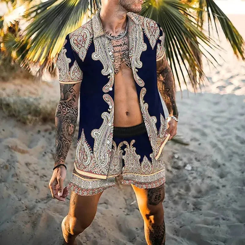Summer Exquisite Men's Shirt Set Coconut Print Short Sleeve Top Leopard Print Shorts 2 Piece Hawaii Beach Men's Fashion Clothing